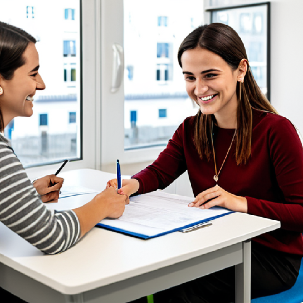 Modern Office Assistance**

"A fully clothed female social worker in appropriate business attire, sitting at a desk in a bright and modern office in Lisbon, Portugal. She is smiling gently while assisting a young woman filling out forms, safe for work, professional environment, perfect anatomy, correct proportions, well-formed hands, proper finger count, modest clothing, family-friendly, high resolution, professional photography."

**