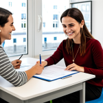 Modern Office Assistance**

"A fully clothed female social worker in appropriate business attire, sitting at a desk in a bright and modern office in Lisbon, Portugal. She is smiling gently while assisting a young woman filling out forms, safe for work, professional environment, perfect anatomy, correct proportions, well-formed hands, proper finger count, modest clothing, family-friendly, high resolution, professional photography."

**