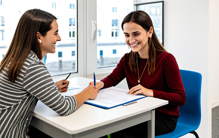 Modern Office Assistance**

"A fully clothed female social worker in appropriate business attire, sitting at a desk in a bright and modern office in Lisbon, Portugal. She is smiling gently while assisting a young woman filling out forms, safe for work, professional environment, perfect anatomy, correct proportions, well-formed hands, proper finger count, modest clothing, family-friendly, high resolution, professional photography."

**