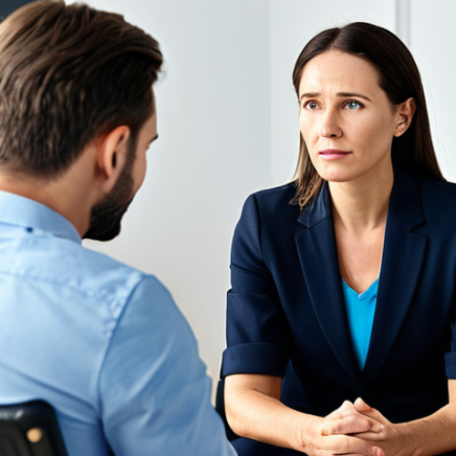 **

"A female psychologist in a modern office, consulting with a client (gender neutral, appearing distressed), demonstrating empathy and support. Professional setting, appropriate attire, fully clothed, safe for work, family-friendly, perfect anatomy, natural proportions, well-formed hands, professional photography, bright lighting, hopeful atmosphere."

**