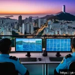 Home 21 범죄 피해자 보호를 위한 기술적 대응 - A futuristic urban scene in a large Brazilian city at dusk, showcasing a high-tech public security c...