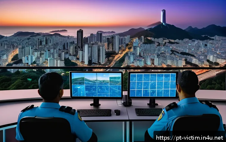 범죄 피해자 보호를 위한 기술적 대응 - A futuristic urban scene in a large Brazilian city at dusk, showcasing a high-tech public security c...