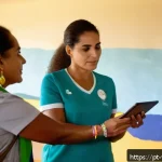 Home 18 범죄 피해자 보호 명령 실행 사례 - A compassionate female social worker in Brazil, wearing professional attire and holding a tablet, is...